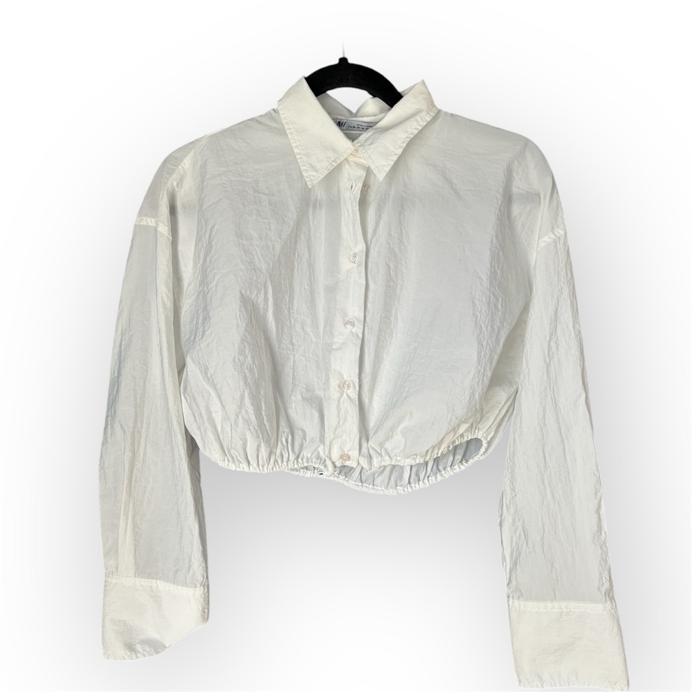 ZARA White cropped button up shirt with elasticated waist and long sleeves